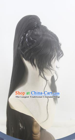 Handmade China Ancient Young Swordsman Headdress Cosplay Royal Prince Black Curly Wigs Traditional Hanfu Knight Hairpieces