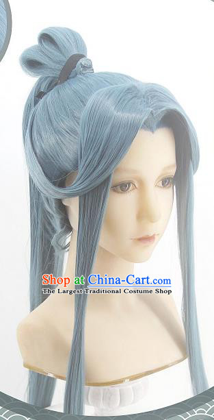 Handmade China Cosplay Swordsman Blue Wigs Traditional Heaven Official Blessing Hairpieces Ancient Hanfu Young Knight Headdress