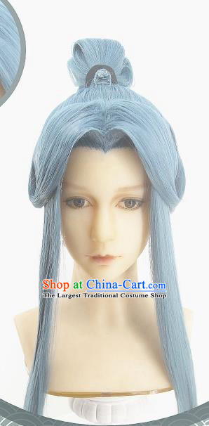 Handmade China Cosplay Swordsman Blue Wigs Traditional Heaven Official Blessing Hairpieces Ancient Hanfu Young Knight Headdress