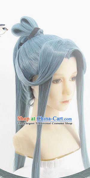 Handmade China Cosplay Swordsman Blue Wigs Traditional Heaven Official Blessing Hairpieces Ancient Hanfu Young Knight Headdress