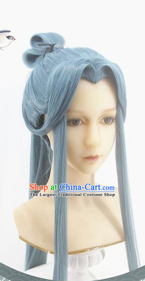 Handmade China Cosplay Swordsman Blue Wigs Traditional Heaven Official Blessing Hairpieces Ancient Hanfu Young Knight Headdress
