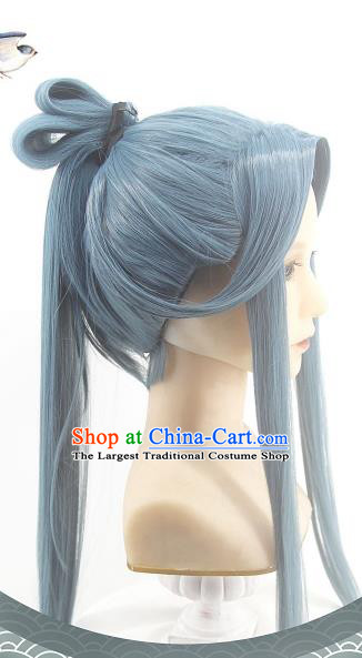 Handmade China Cosplay Swordsman Blue Wigs Traditional Heaven Official Blessing Hairpieces Ancient Hanfu Young Knight Headdress