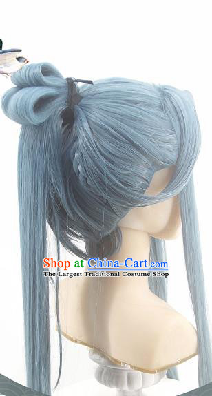 Handmade China Cosplay Swordsman Blue Wigs Traditional Heaven Official Blessing Hairpieces Ancient Hanfu Young Knight Headdress