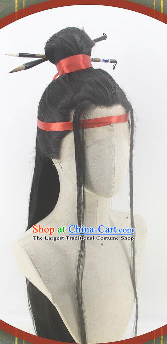 Handmade China Cosplay Noble Childe Black Wigs Traditional Hanfu Swordsman Hairpieces Ancient Heaven Official Blessing Shen Zhou Headdress