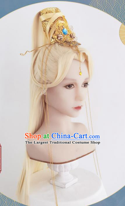 Handmade China Traditional Hanfu Emperor Hairpieces Ancient Taoist Priest Headdress Cosplay Heaven King Golden Wigs