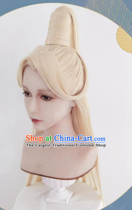 Handmade China Traditional Hanfu Emperor Hairpieces Ancient Taoist Priest Headdress Cosplay Heaven King Golden Wigs