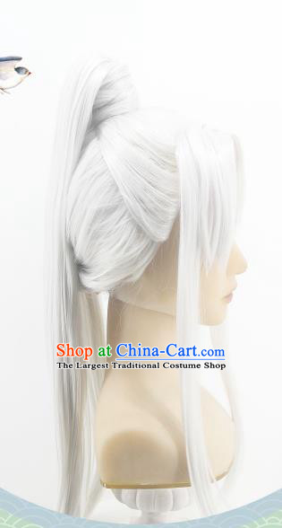 Handmade China Cosplay Demon King White Wigs Traditional Hanfu Swordsman Zhu Yeli Hairpieces Ancient Taoist Priest Headdress