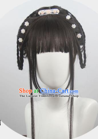 Chinese Traditional Hanfu Song Dynasty Hairpieces Cosplay Palace Beauty Hair Accessories Ancient Young Lady Bangs Wigs Headwear