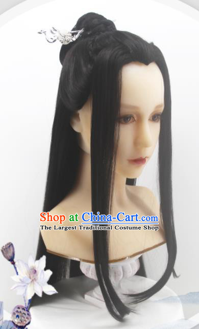 Handmade China Ancient Swordsman Headdress Cosplay Young Childe Black Wigs Traditional Jin Dynasty Childe Hairpieces