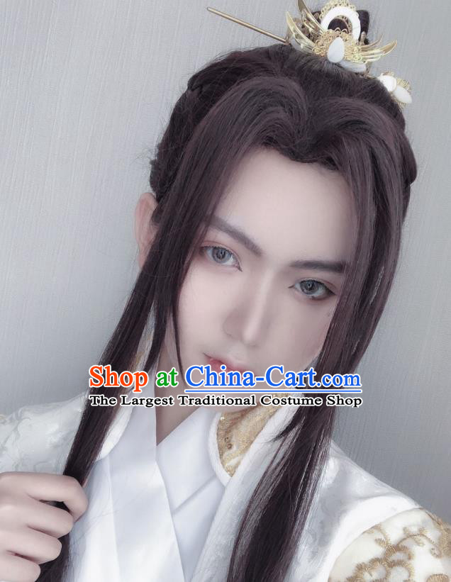 Handmade China Traditional Jin Dynasty Childe Hairpieces Ancient Swordsman Headdress Cosplay Young Knight Brown Wigs