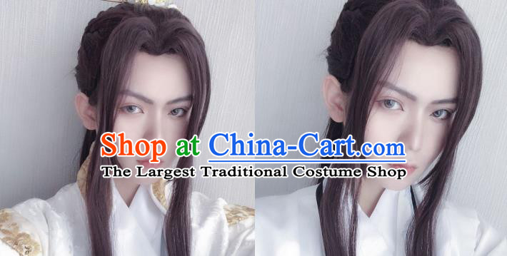 Handmade China Traditional Jin Dynasty Childe Hairpieces Ancient Swordsman Headdress Cosplay Young Knight Brown Wigs