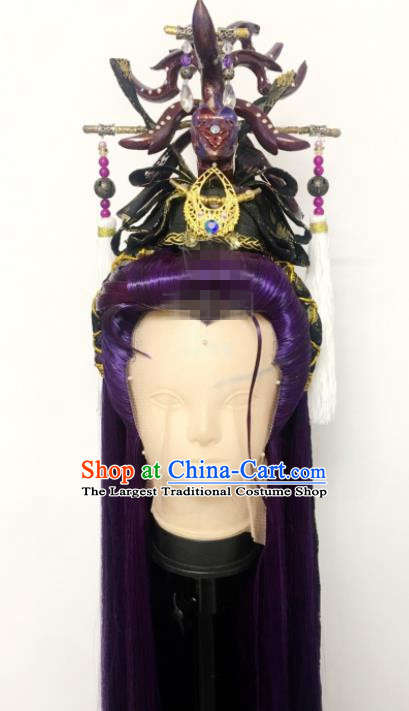 Handmade China Ancient Swordsman Headdress Cosplay Royal Prince Purple Wigs and Hair Crown Traditional Puppet Show King Hairpieces