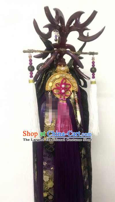 Handmade China Ancient Swordsman Headdress Cosplay Royal Prince Purple Wigs and Hair Crown Traditional Puppet Show King Hairpieces