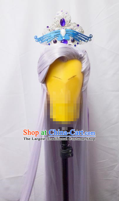 Handmade China Cosplay Taoist Priest Lilac Wigs and Hair Crown Traditional Puppet Show Murong Ning Hairpieces Ancient Swordsman Headdress