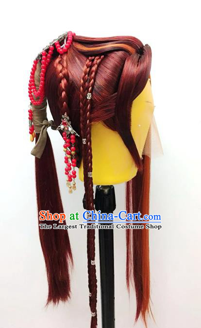 Handmade China Ancient Swordsman Headdress Cosplay Demon Prince Red Wigs Traditional Puppet Show Young Knight Hairpieces