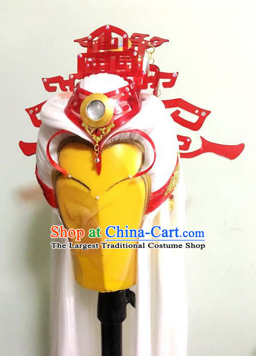 Handmade China Traditional Puppet Show Taoist Priest Hairpieces Ancient Swordsman Headdress Cosplay Chivalrous Male White Wigs and Hair Crown
