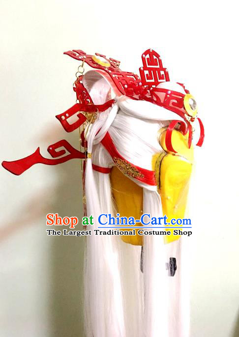 Handmade China Traditional Puppet Show Taoist Priest Hairpieces Ancient Swordsman Headdress Cosplay Chivalrous Male White Wigs and Hair Crown