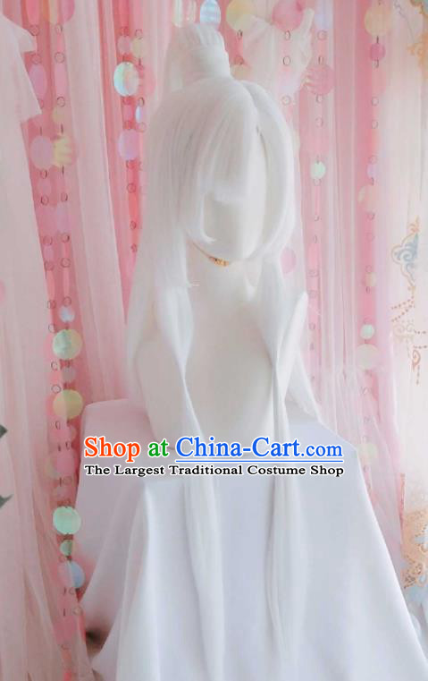 Handmade China Ancient Taoist Priest Headdress Cosplay Swordsman White Wigs Traditional Puppet Show Yu Yinshuang Hairpieces