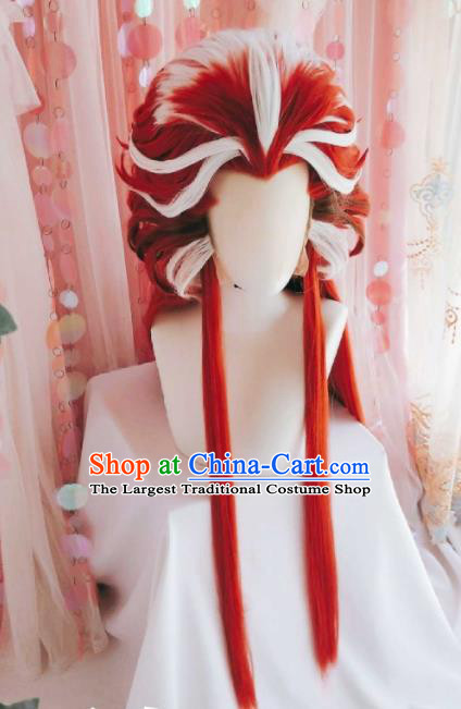Handmade China Cosplay Swordsman Red Wigs Traditional Puppet Show Hairpieces Ancient Demon King Headdress