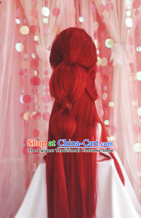 Chinese Traditional Puppet Show Goddess Hairpieces Cosplay Swordswoman Hair Accessories Ancient Queen Red Wigs Headwear