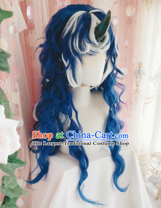 Handmade China Traditional Puppet Show Hairpieces Ancient Swordsman Headdress Cosplay Dragon Prince Blue Wigs