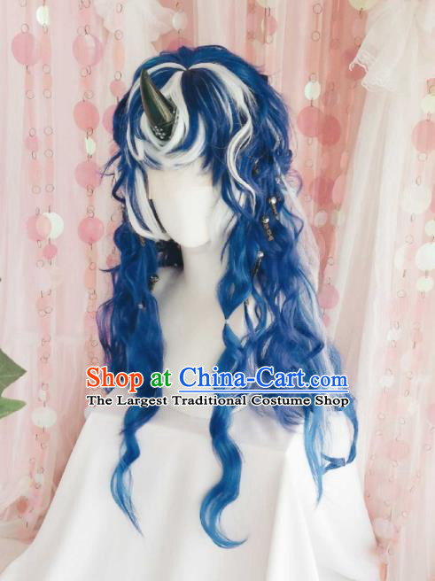 Handmade China Traditional Puppet Show Hairpieces Ancient Swordsman Headdress Cosplay Dragon Prince Blue Wigs