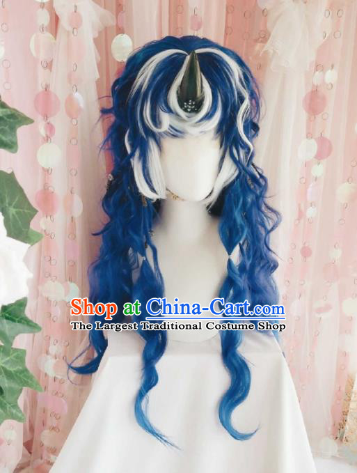 Handmade China Traditional Puppet Show Hairpieces Ancient Swordsman Headdress Cosplay Dragon Prince Blue Wigs