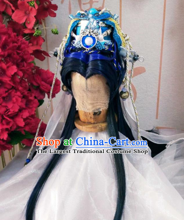Handmade China Cosplay Emperor Wigs and Hair Crown Traditional Puppet Show Hairpieces Ancient Swordsman King Headdress