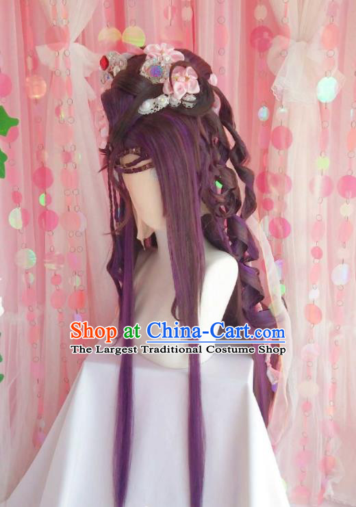Chinese Ancient Queen Purple Wigs Headwear Traditional Puppet Show Goddess Hairpieces Cosplay Swordswoman Hair Accessories