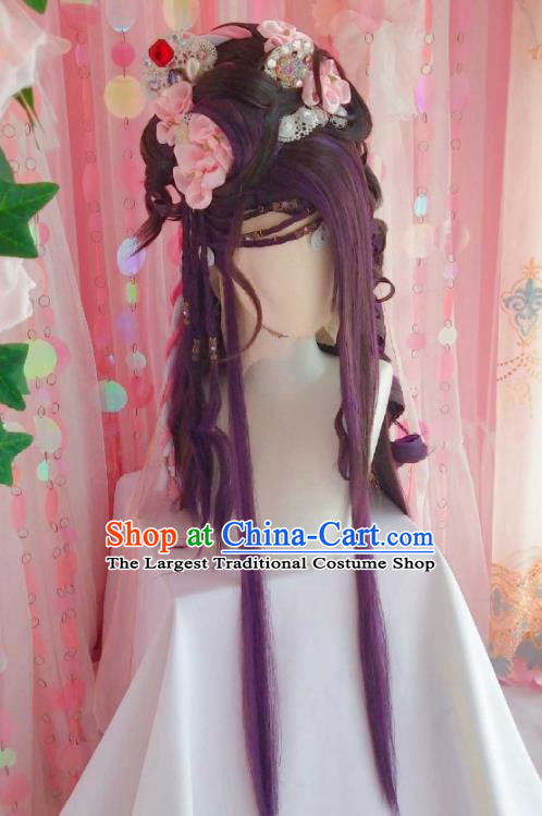 Chinese Ancient Queen Purple Wigs Headwear Traditional Puppet Show Goddess Hairpieces Cosplay Swordswoman Hair Accessories