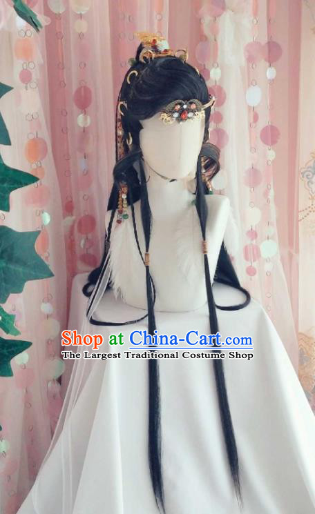 Handmade China Cosplay Royal Prince Wigs and Hair Crown Traditional Puppet Show King Beijing Hairpieces Ancient Chivalrous Swordsman Headdress