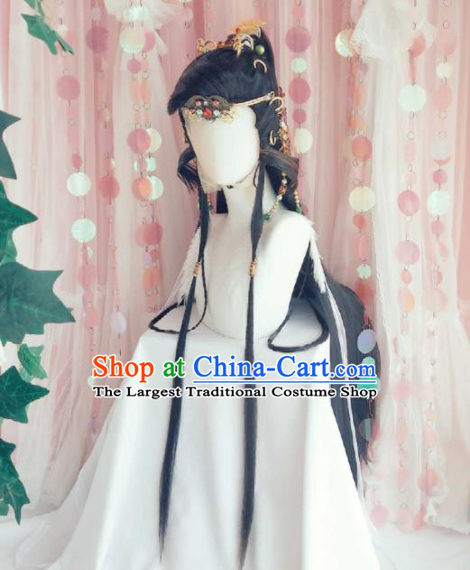 Handmade China Cosplay Royal Prince Wigs and Hair Crown Traditional Puppet Show King Beijing Hairpieces Ancient Chivalrous Swordsman Headdress