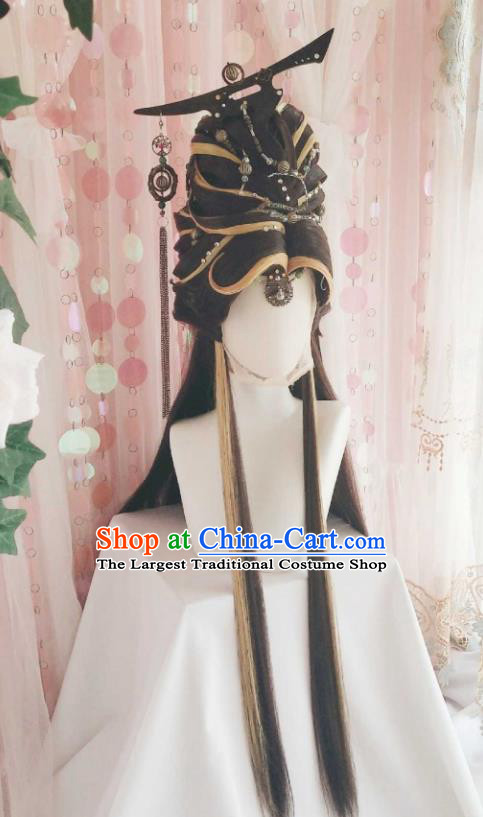 Handmade China Traditional Puppet Show Young Childe Hairpieces Ancient Swordsman Headdress Cosplay Royal Prince Brown Wigs and Hair Crown