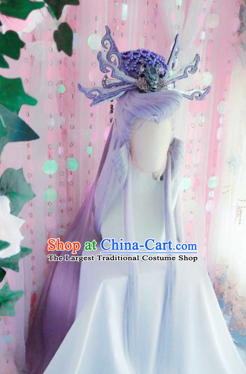 Handmade China Cosplay Dragon King Lilac Wigs and Hair Crown Traditional Puppet Show Young Childe Hairpieces Ancient Swordsman Headdress
