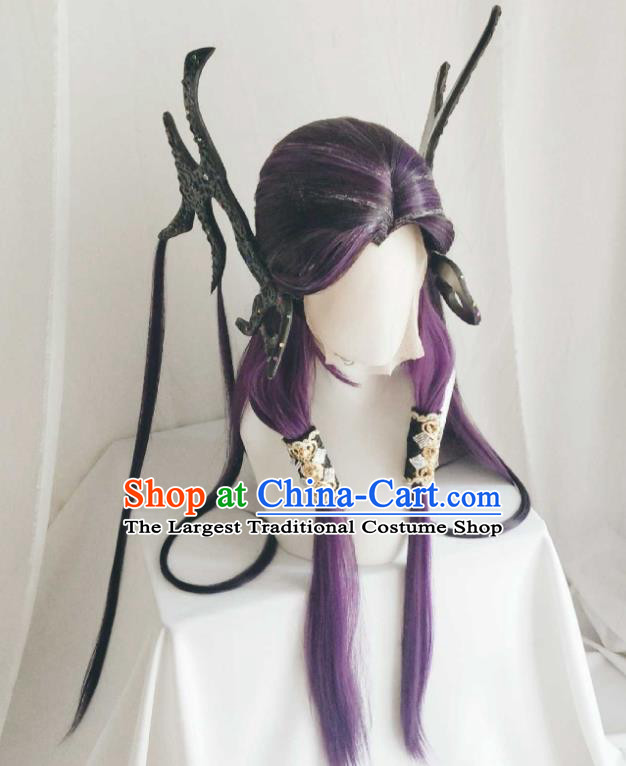 Chinese Ancient Fairy Princess Purple Wigs Headwear Traditional Puppet Show Swordswoman Hairpieces Cosplay Dragon Girl Hair Accessories