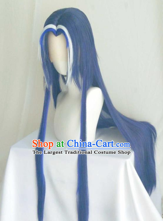Handmade China Ancient Chivalrous Male Headdress Cosplay Swordsman Blue Wigs Traditional Puppet Show Jian Wuji Hairpieces