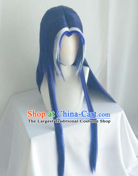 Handmade China Ancient Chivalrous Male Headdress Cosplay Swordsman Blue Wigs Traditional Puppet Show Jian Wuji Hairpieces