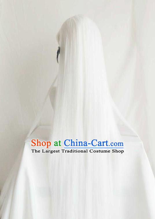Handmade China Traditional Puppet Show Hero Hairpieces Ancient Chivalrous Male Headdress Cosplay Swordsman Grandmaster White Wigs