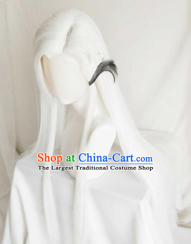 Handmade China Traditional Puppet Show Hero Hairpieces Ancient Chivalrous Male Headdress Cosplay Swordsman Grandmaster White Wigs