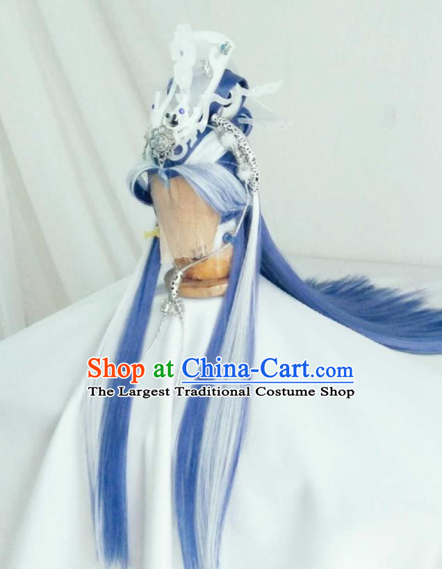 Handmade China Cosplay Swordsman Blue Wigs and Hair Crown Traditional Puppet Show Monarch Hairpieces Ancient Royal King Headdress