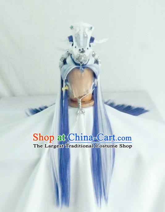 Handmade China Cosplay Swordsman Blue Wigs and Hair Crown Traditional Puppet Show Monarch Hairpieces Ancient Royal King Headdress
