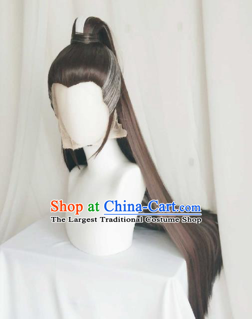 Handmade China Cosplay Taoist Priest Brown Wigs Traditional Puppet Show Chivalrous Male Hairpieces Ancient Swordsman Ponytsil Headdress