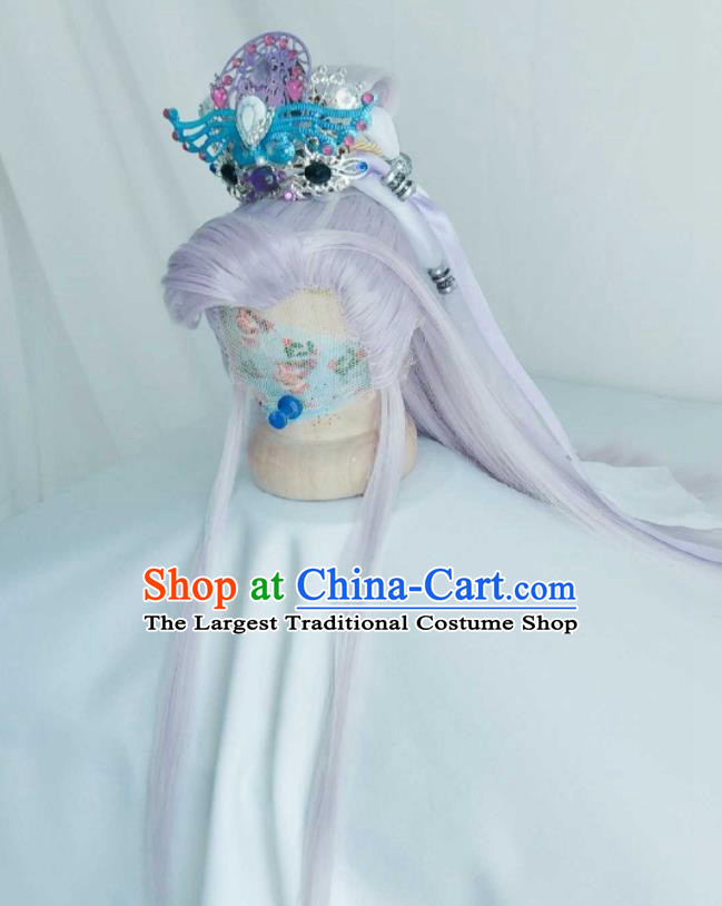 Handmade China Ancient Royal Prince Headdress Cosplay Swordsman Lilac Wigs and Hair Crown Traditional Puppet Show Murong Ning Hairpieces