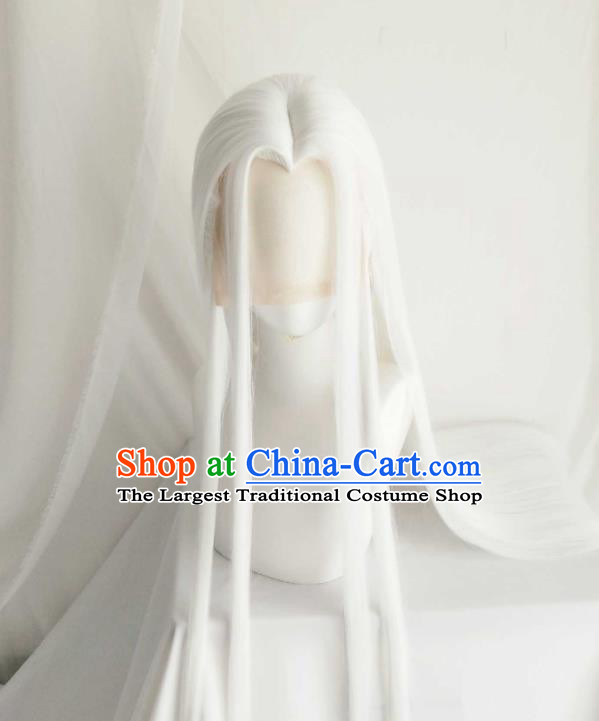 Handmade China Traditional Puppet Show Immortal Hairpieces Ancient Taoist Priest Headdress Cosplay Swordsman White Wigs