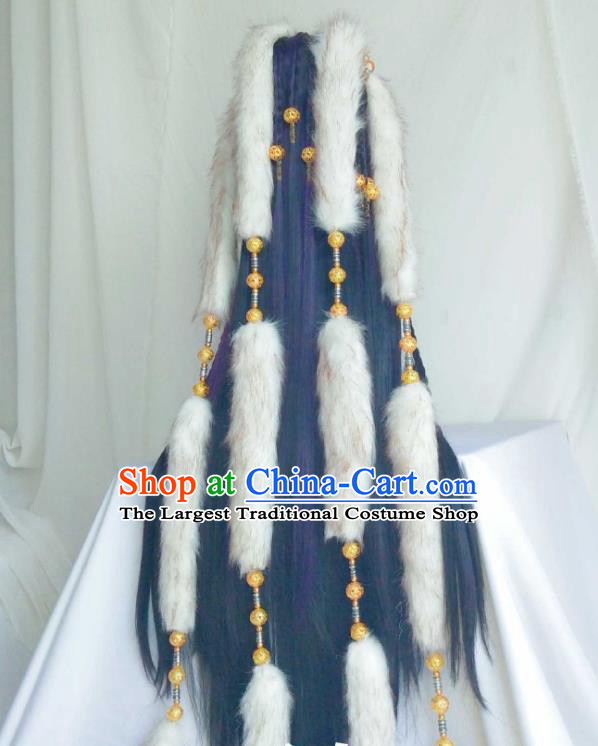 Handmade China Ancient Royal King Headdress Cosplay Swordsman Purple Wigs Traditional Puppet Show Prince Hairpieces