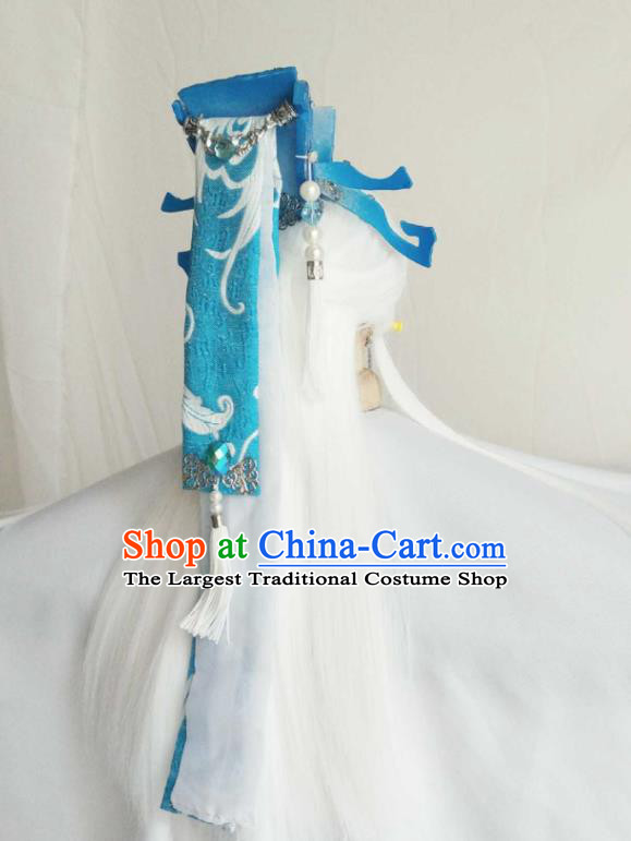 Handmade China Cosplay Taoist Priest White Wigs and Hair Crown Traditional Puppet Show Swordsman Hairpieces Ancient Immortal Headdress