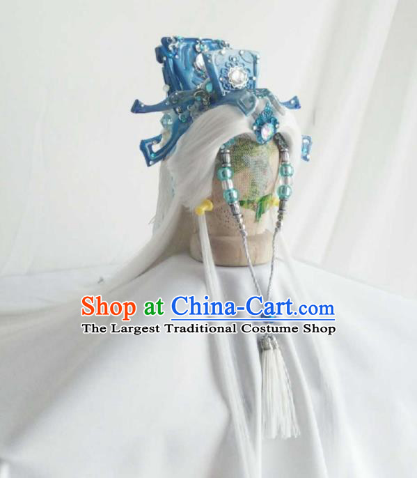 Handmade China Cosplay Taoist Priest White Wigs and Hair Crown Traditional Puppet Show Swordsman Hairpieces Ancient Immortal Headdress