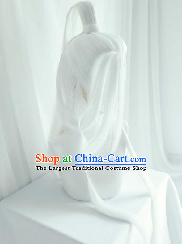 Handmade China Ancient Immortal Headdress Cosplay Taoist Priest White Wigs Traditional Puppet Show Swordsman Hairpieces