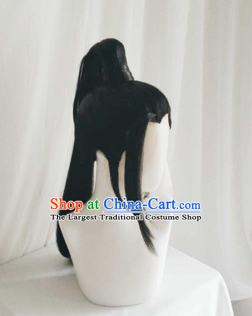 Handmade China Cosplay Young Knight Black Wigs Traditional Qin Dynasty Swordsman Hairpieces Ancient Hero Headdress