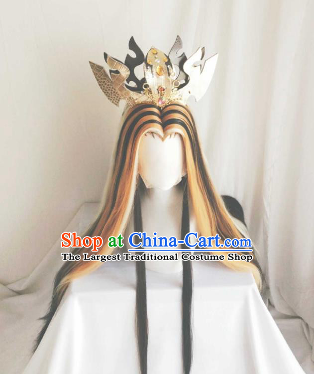 Handmade China Traditional Puppet Show Emperor Hairpieces Ancient Monarch Headdress Cosplay Swordsman King Golden Wigs and Hair Crown